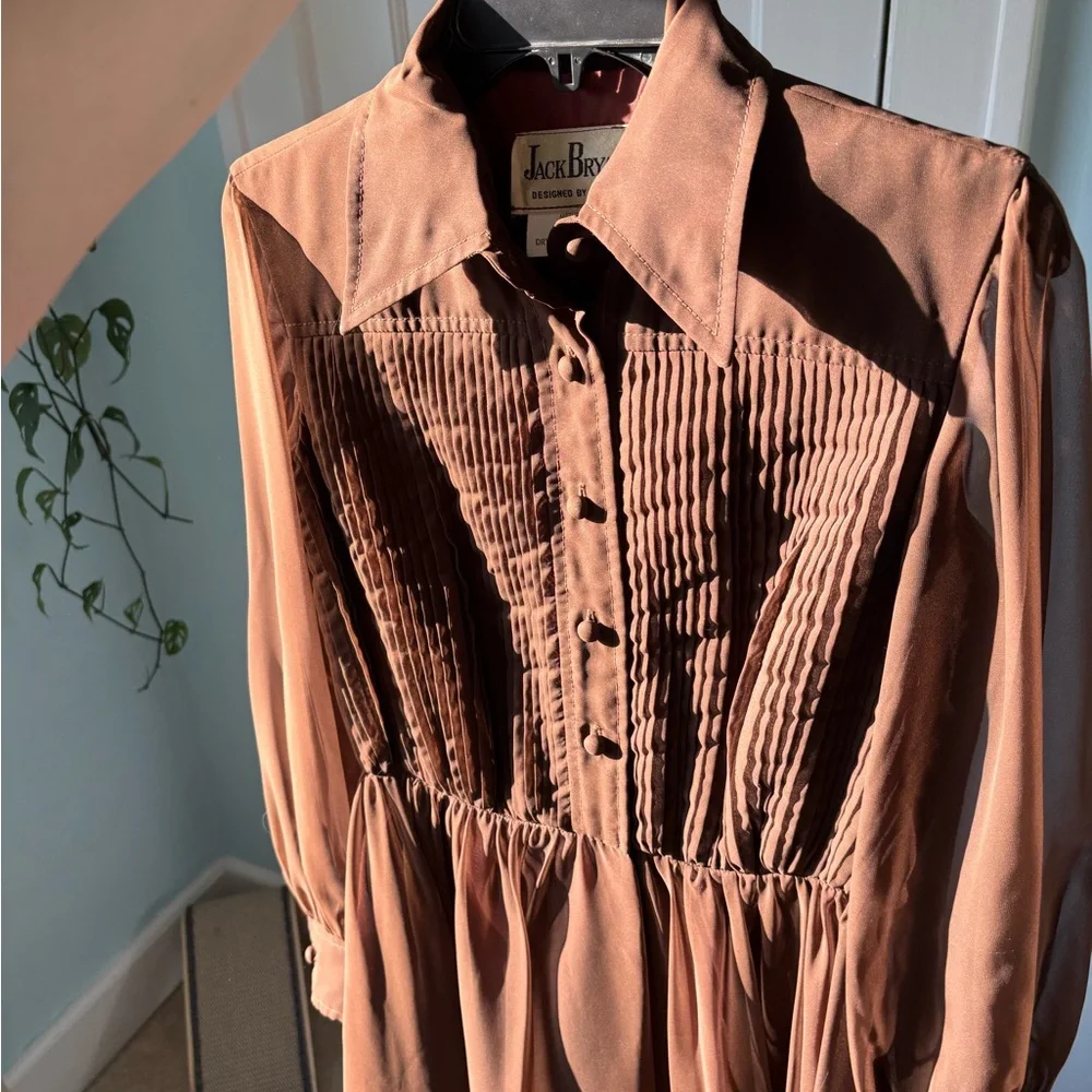 VTG 1960s Jack Bryan Chocolate Brown Pleated Chiffon Lantern Sleeve Midi Dress - Picture 7 of 9